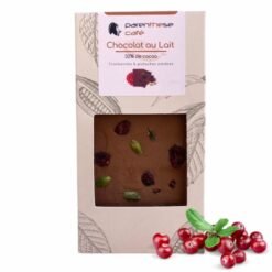 Des gourmandises chocolatées dans ces chocolats artisanaux 16 Chocolat au lait, Cranberries & Pistaches Parenthese Café