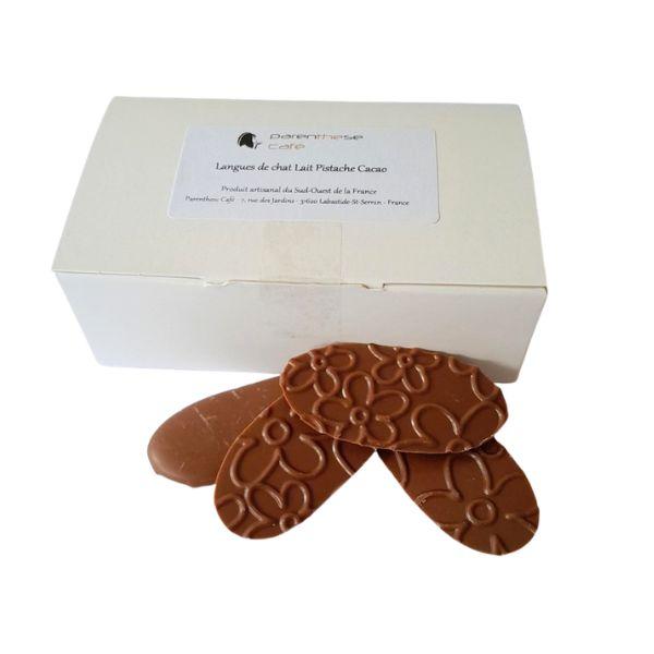 Langues de chat Lait Pistache - Cacao 4 Langues de chat Lait Pistache-Cacao (chocolat + ballotin)