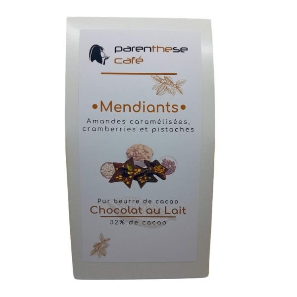 Mendiants de chocolat au Lait, Amandes, Cranberries & Pistaches 1 mendiants de chocolat au lait, Amandes caramélisées, Cranberries & Pistaches - Parenthese Café