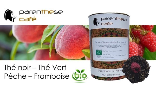 Le Thé noir - Thé vert Pêche-Framboise Bio 10 Thé noir - Thé vert Pêche - Framboise Bio Parenthese Café